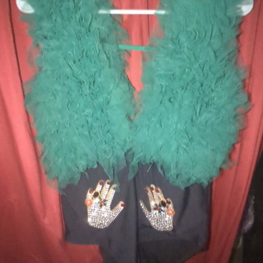 Women’s Green Feather-Trim One Piece Swimsuit with Embellished Hands